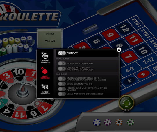 Mini Roulette Options Menu